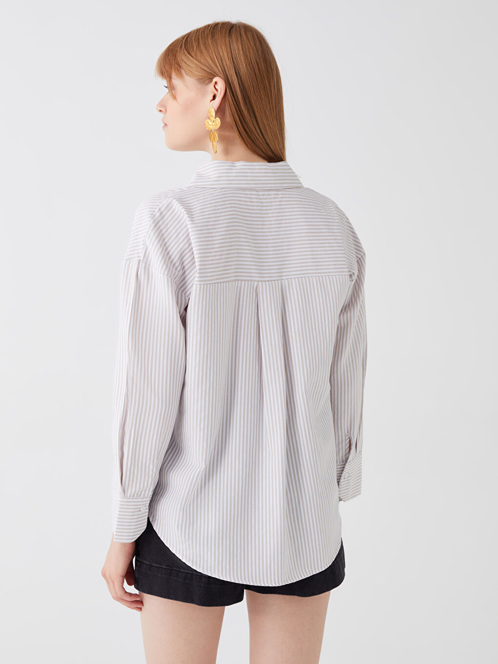 Әйелдерге арналған жолақты оверсайз поплин жейде-4