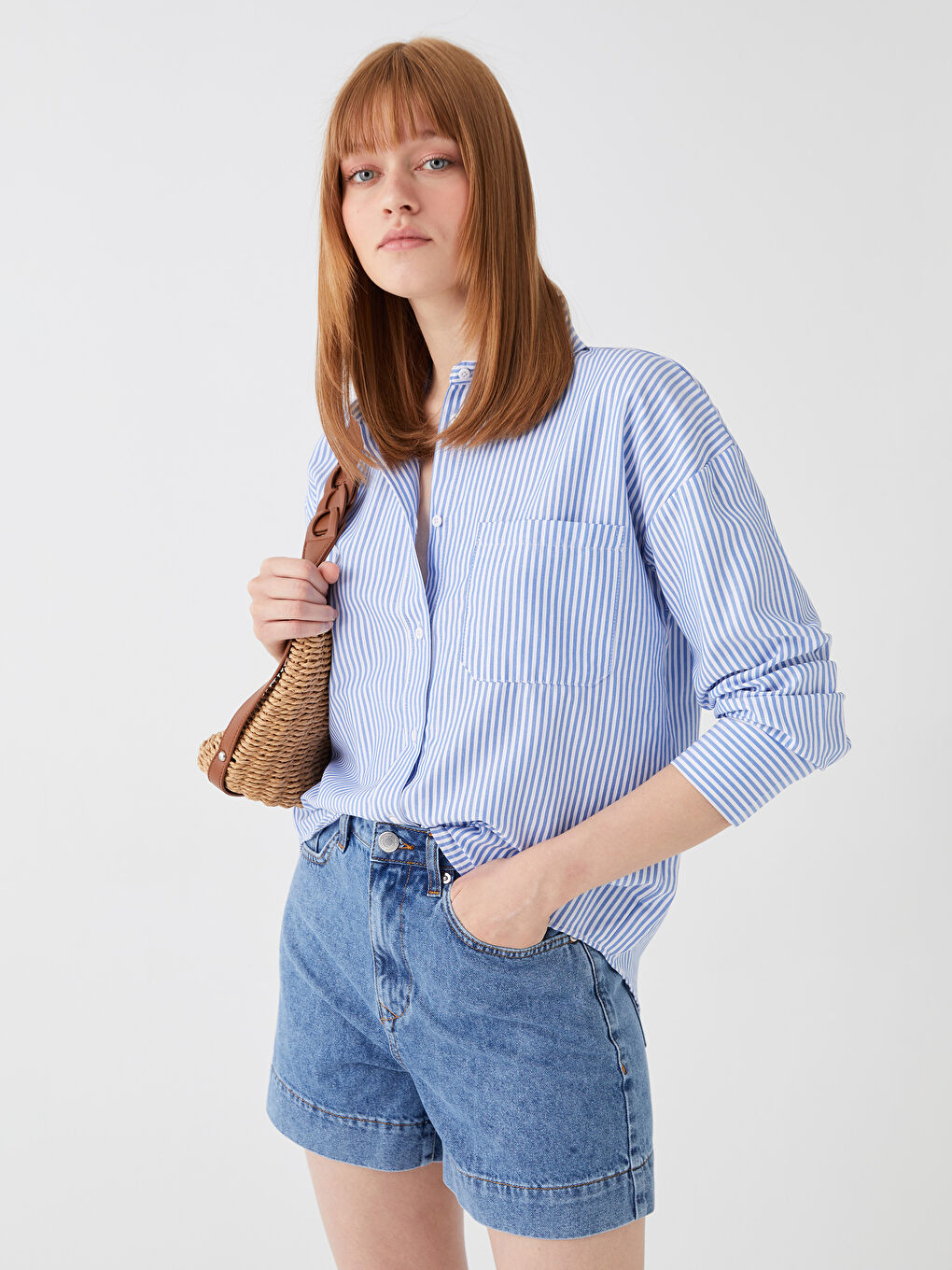 Mavi Çizgili Oversize Poplin Kadın Gömlek