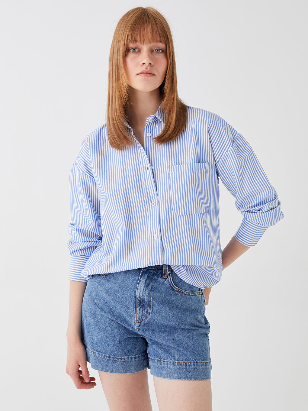 Mavi Çizgili Oversize Poplin Kadın Gömlek-1