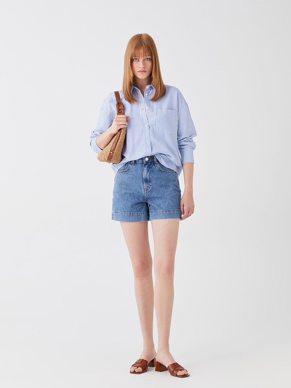 Mavi Çizgili Oversize Poplin Kadın Gömlek-2