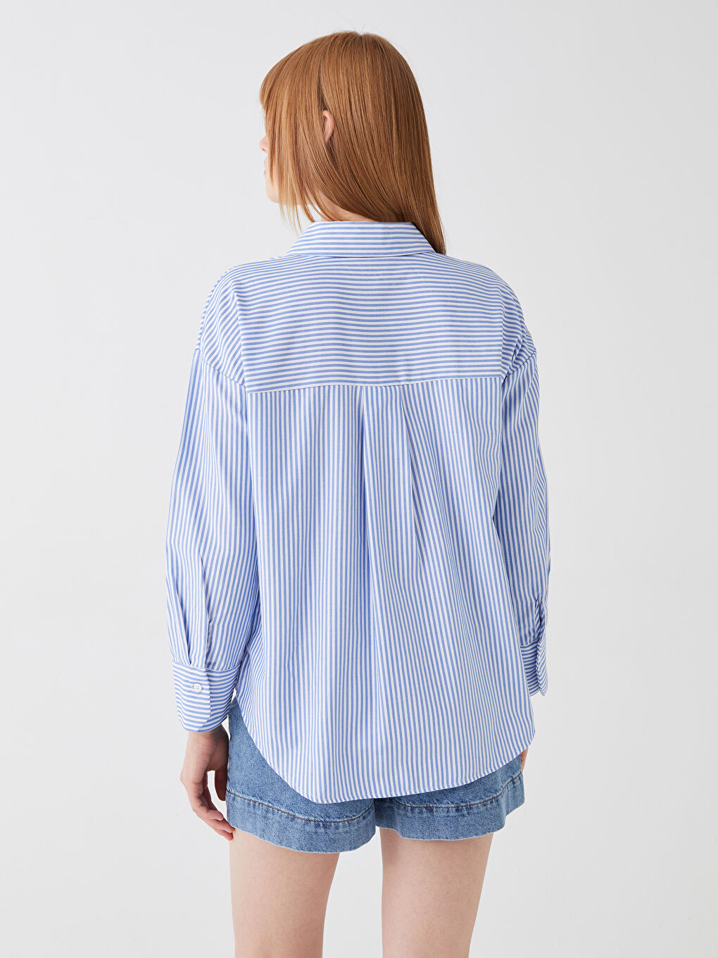 Mavi Çizgili Oversize Poplin Kadın Gömlek-4