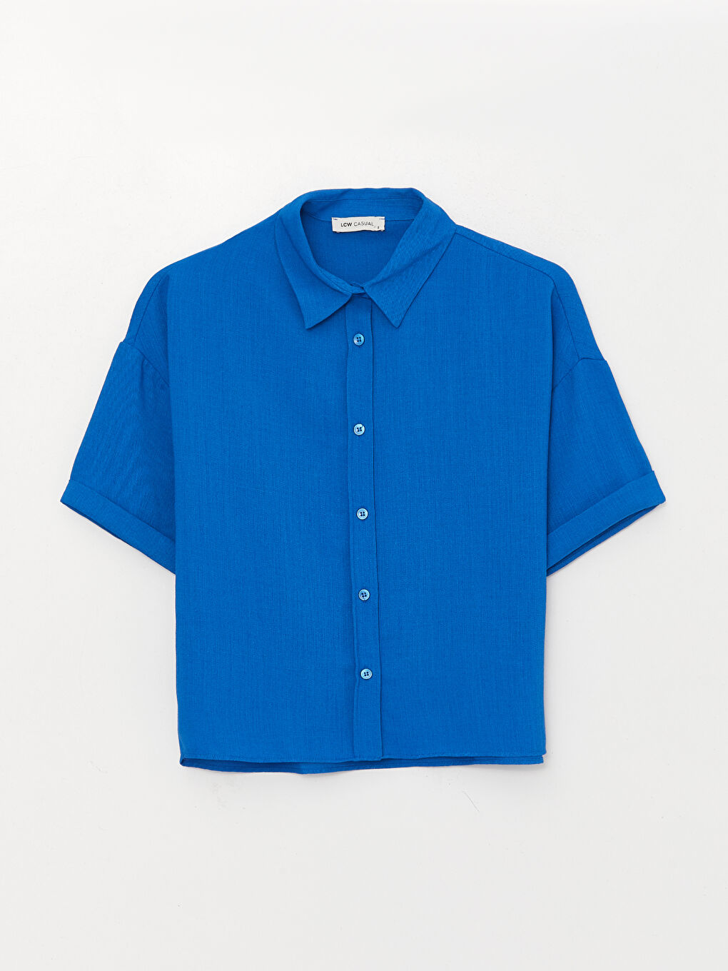 Mavi Düz Kısa Kollu Kadın Gömlek-5