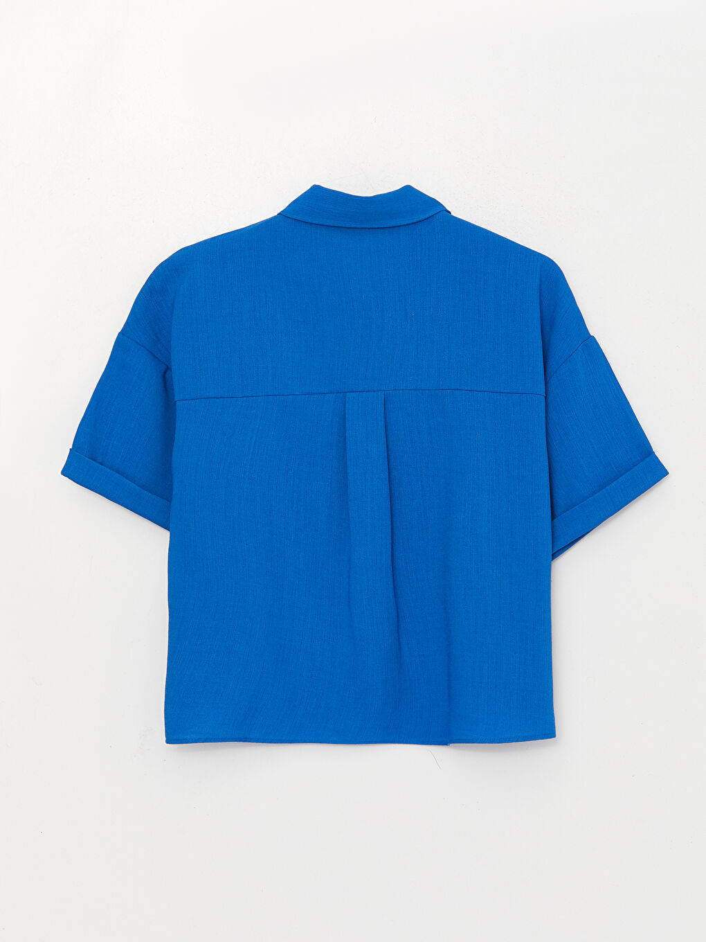 Mavi Düz Kısa Kollu Kadın Gömlek-6