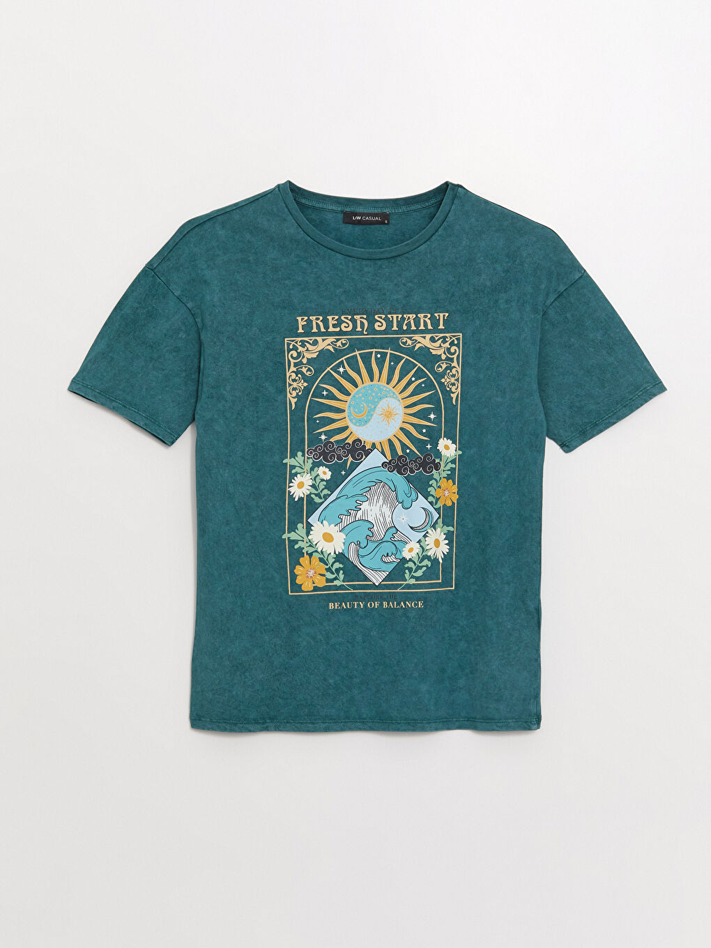 Petrol Bisiklet Yaka Baskılı Kısa Kollu Kadın Tişört-5