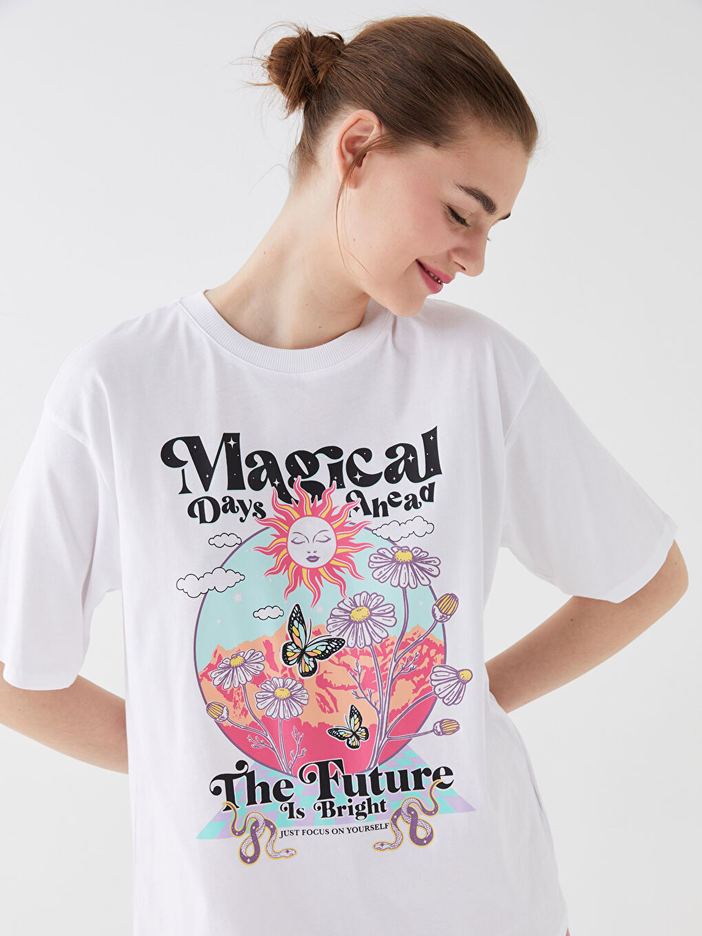 Crew Neck Printed Short Sleeve Oversize Women's T-Shirt