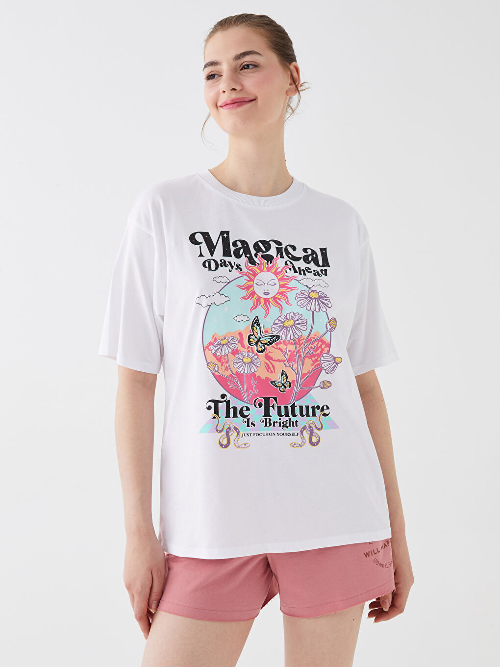 Crew Neck Printed Short Sleeve Oversize Women's T-Shirt-2