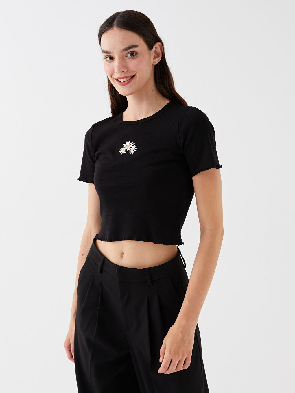 Crew Neck Embroidered Short Sleeve Women's Crop Top-1