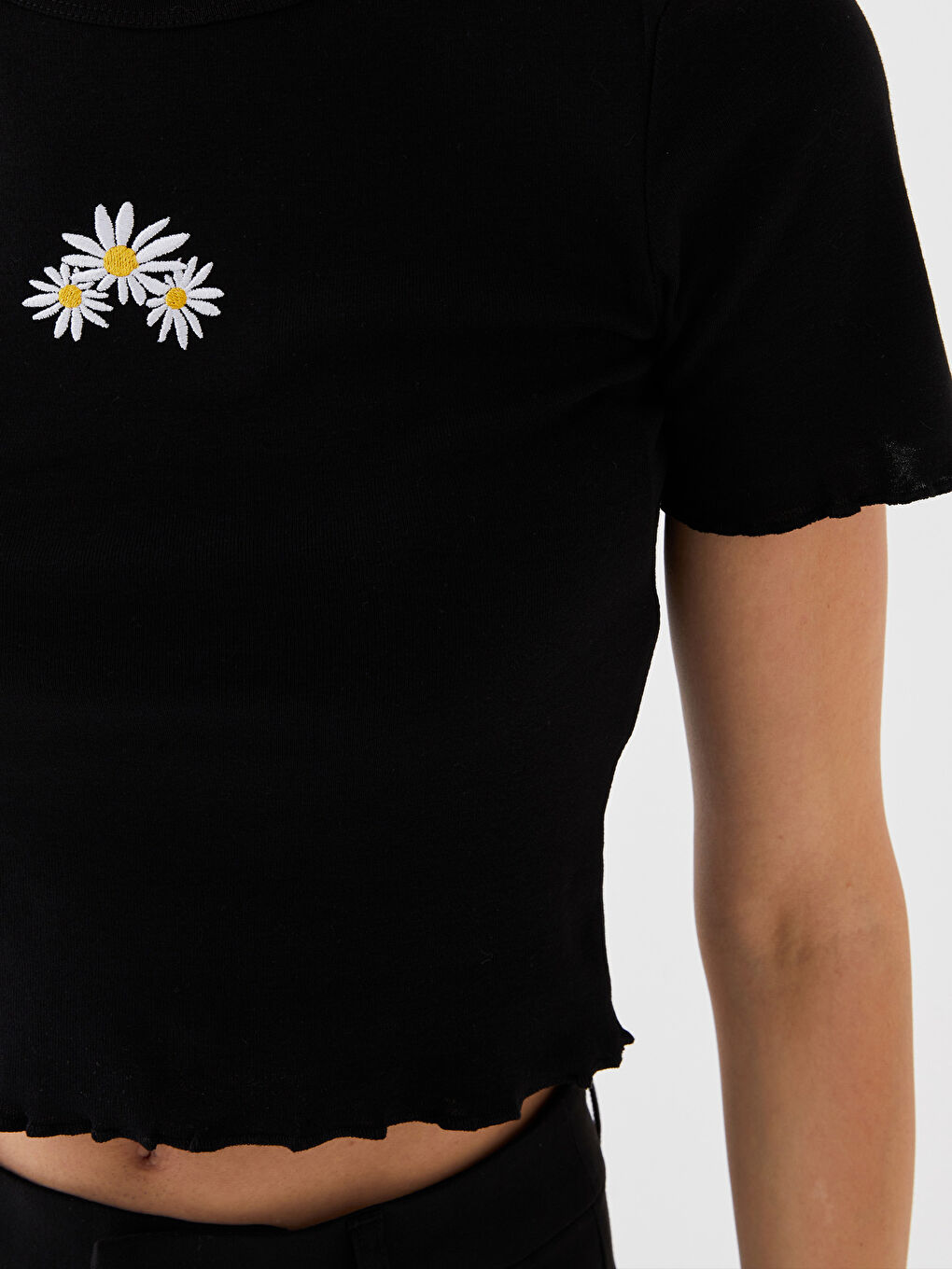 Crew Neck Embroidered Short Sleeve Women's Crop Top-3
