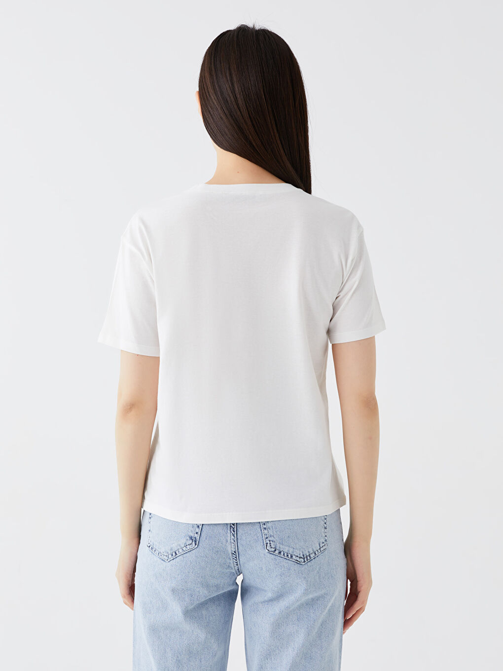 Ekru Bisiklet Yaka Baskılı Kısa Kollu Kadın Tişört-4