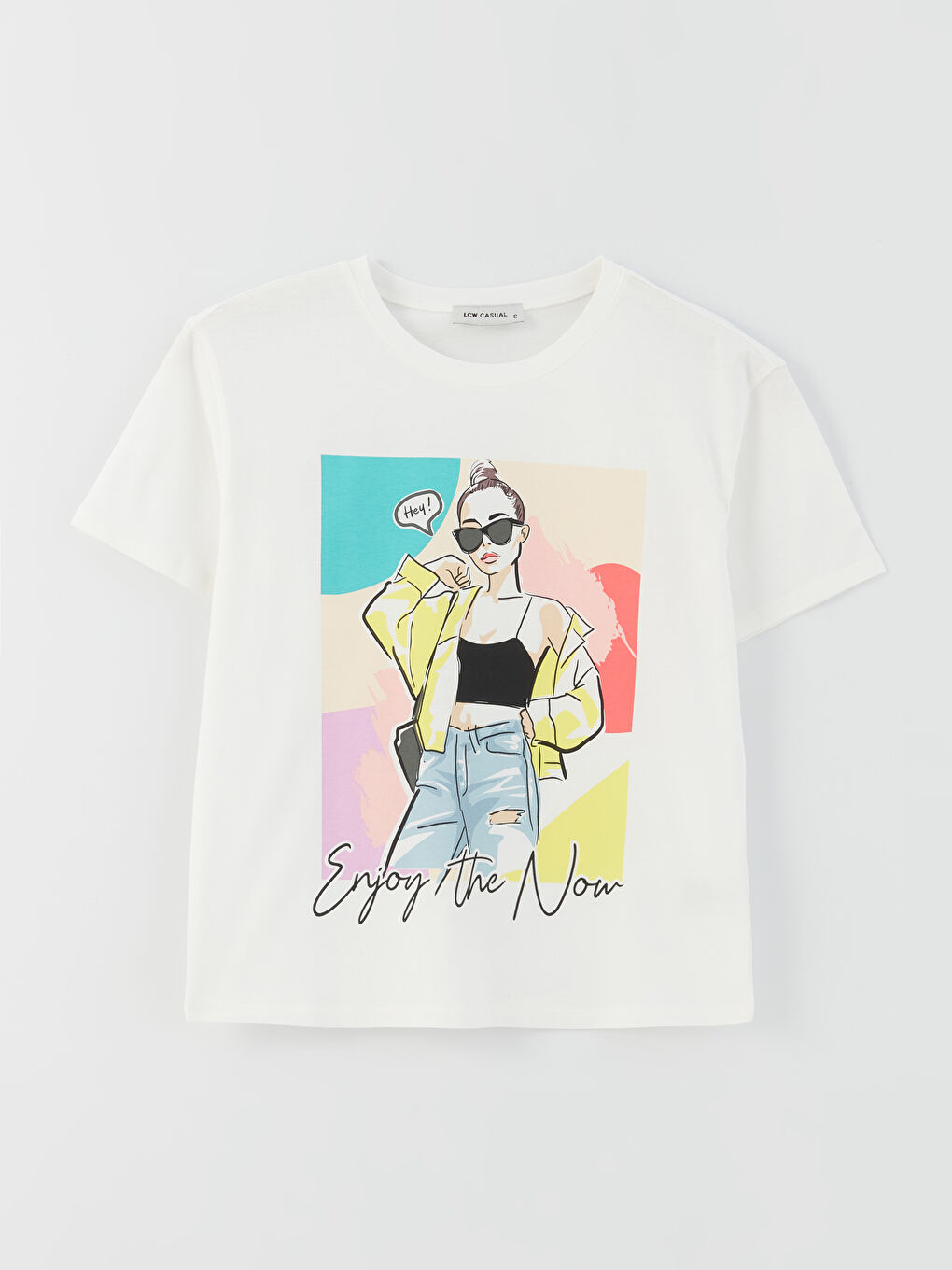 Ekru Bisiklet Yaka Baskılı Kısa Kollu Kadın Tişört-5