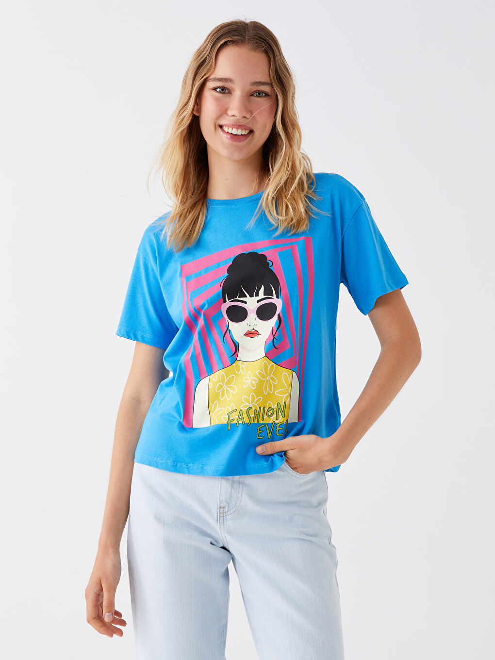 Mavi Bisiklet Yaka Baskılı Kısa Kollu Kadın Tişört