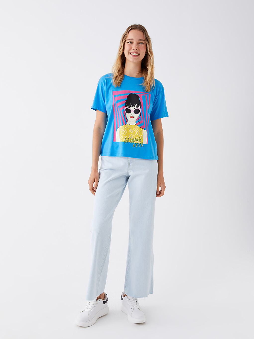 Mavi Bisiklet Yaka Baskılı Kısa Kollu Kadın Tişört-2