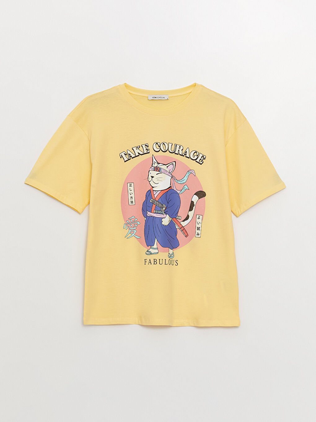 Sarı Bisiklet Yaka Desenli Kısa Kollu Oversize Kadın Tişört-5