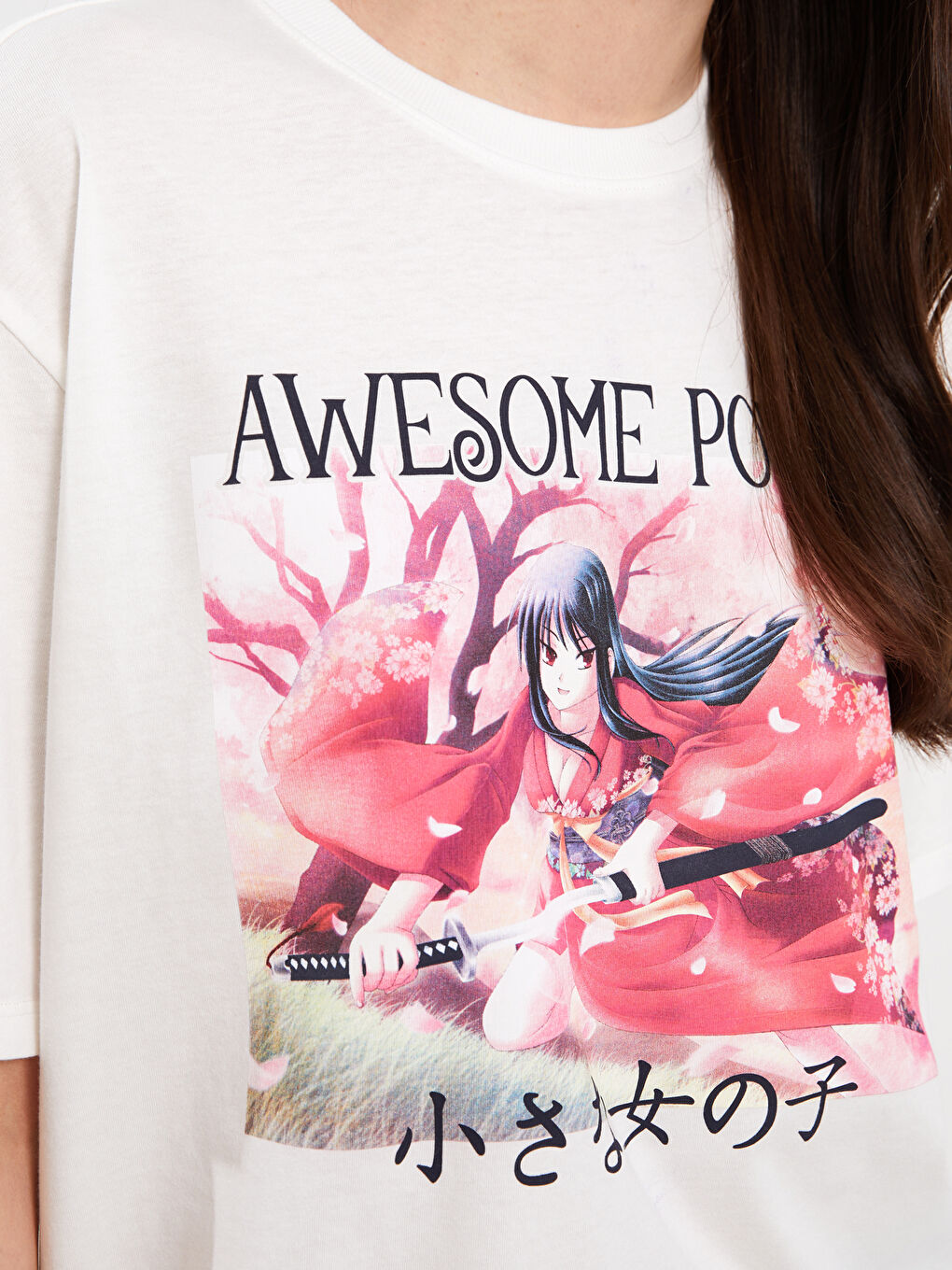 Ekru Bisiklet Yaka Baskılı Kısa Kollu Oversize Kadın Tişört-3