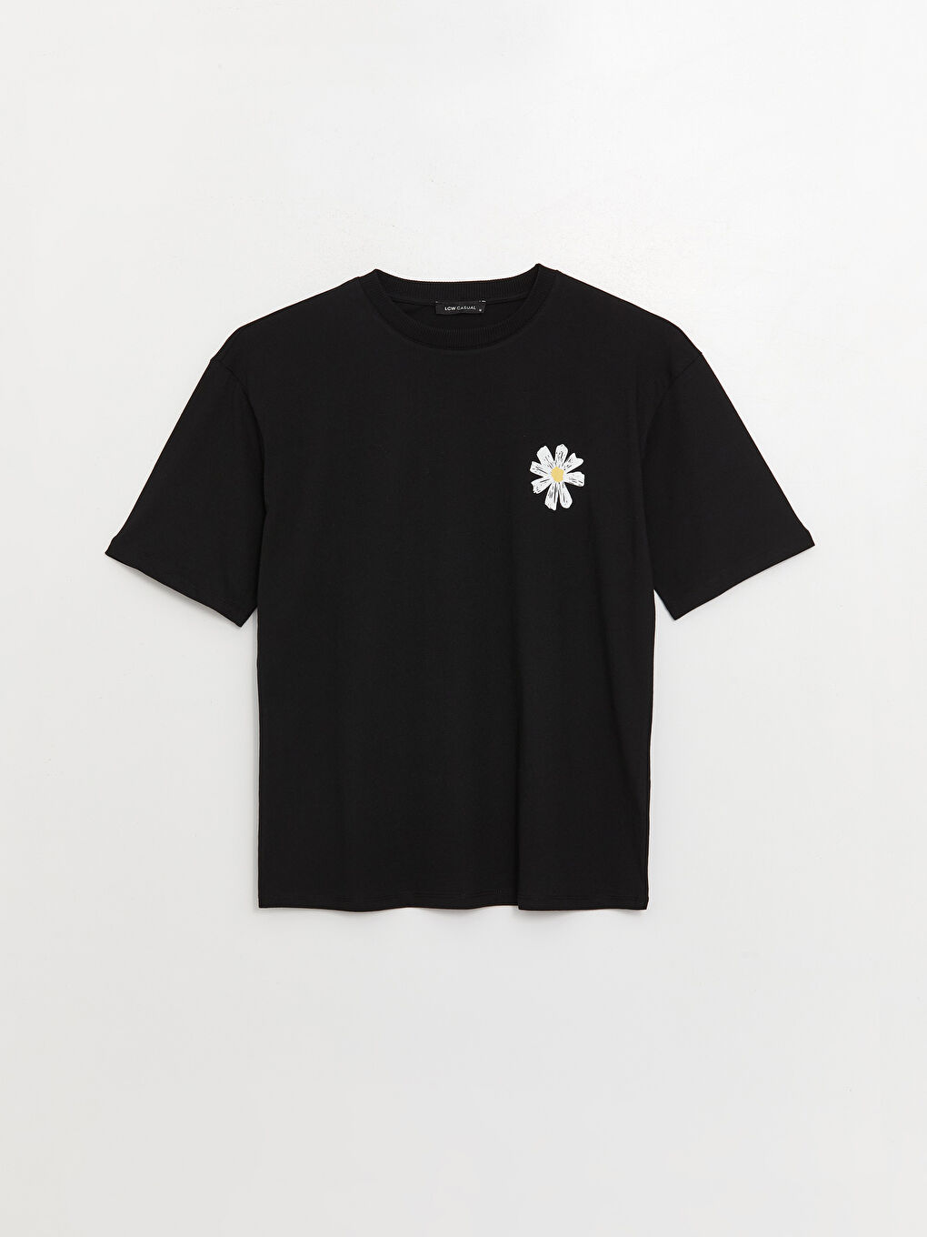 Siyah Bisiklet Yaka Baskılı Kısa Kollu Oversize Kadın Tişört-5