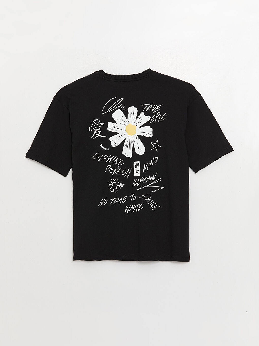 Siyah Bisiklet Yaka Baskılı Kısa Kollu Oversize Kadın Tişört-6