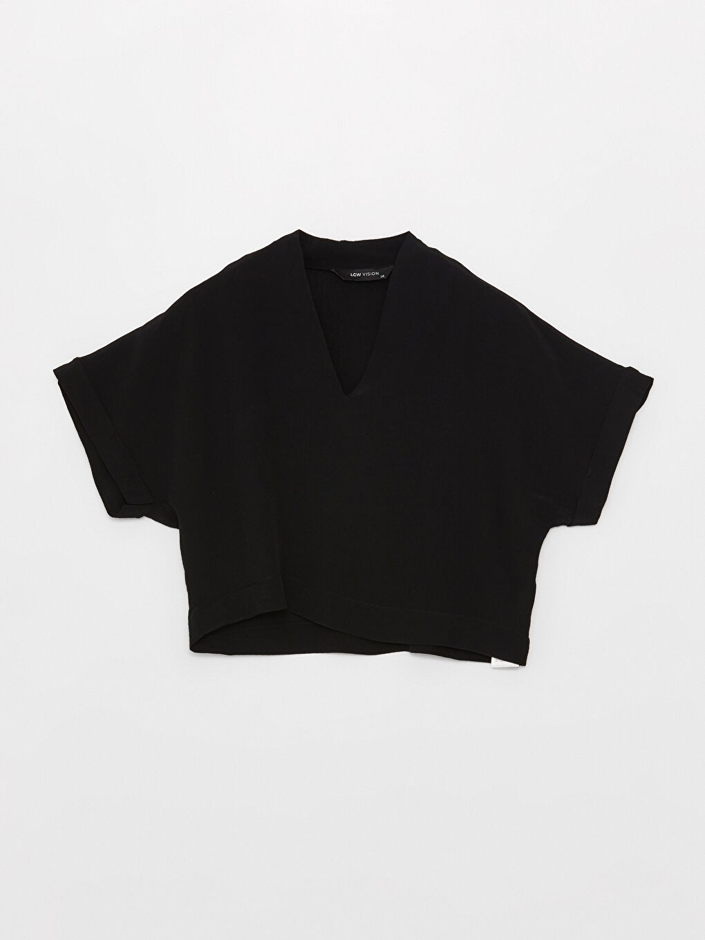 Siyah V Yaka Düz Kısa Kollu Crop Kadın Bluz-5