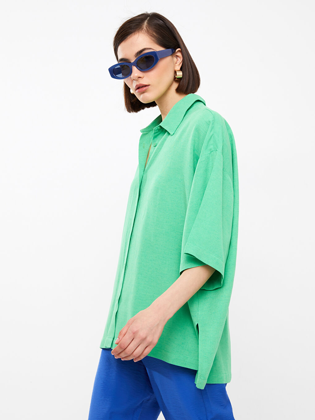 Plain Oversize Linen Blend Women's Shirt-1