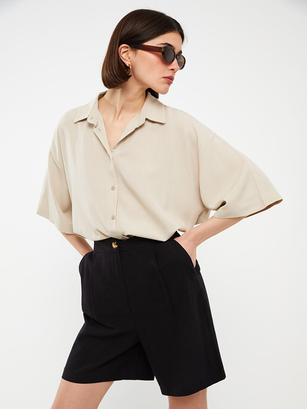 قميص سادة أوفراسايز خليط كتان للسيدات