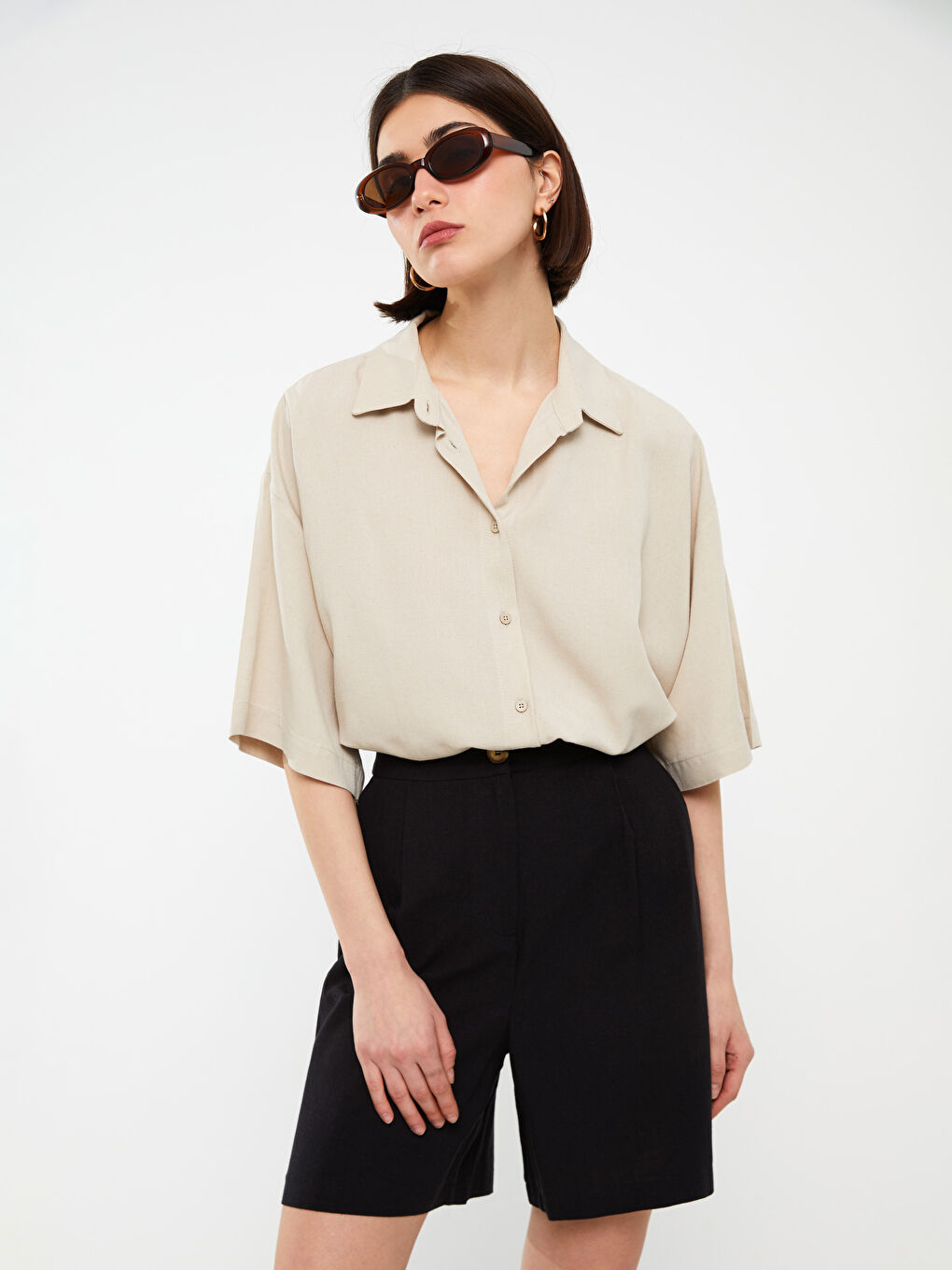 قميص سادة أوفراسايز خليط كتان للسيدات-1