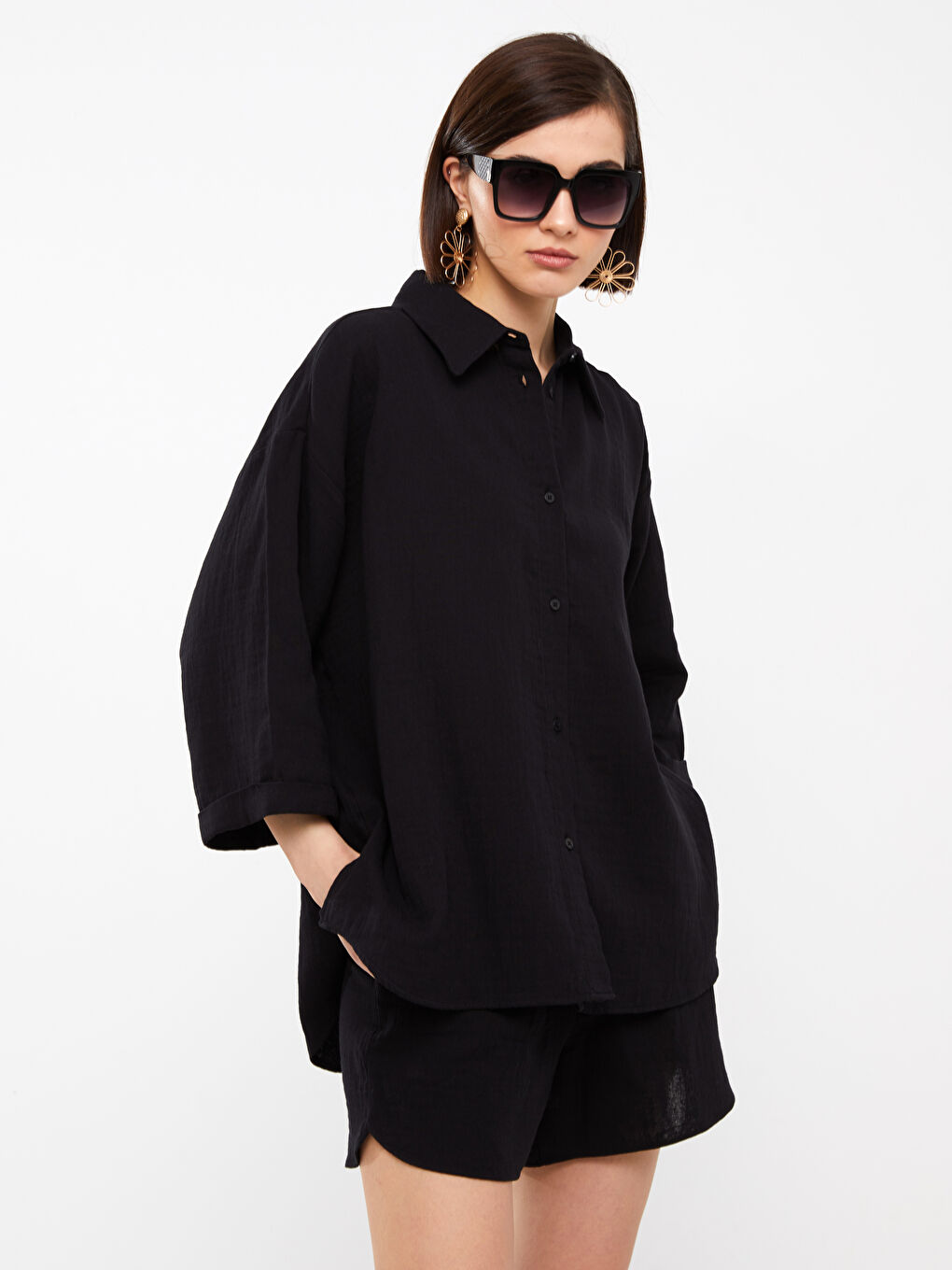 Siyah Düz Oversize Müslin Kadın Gömlek