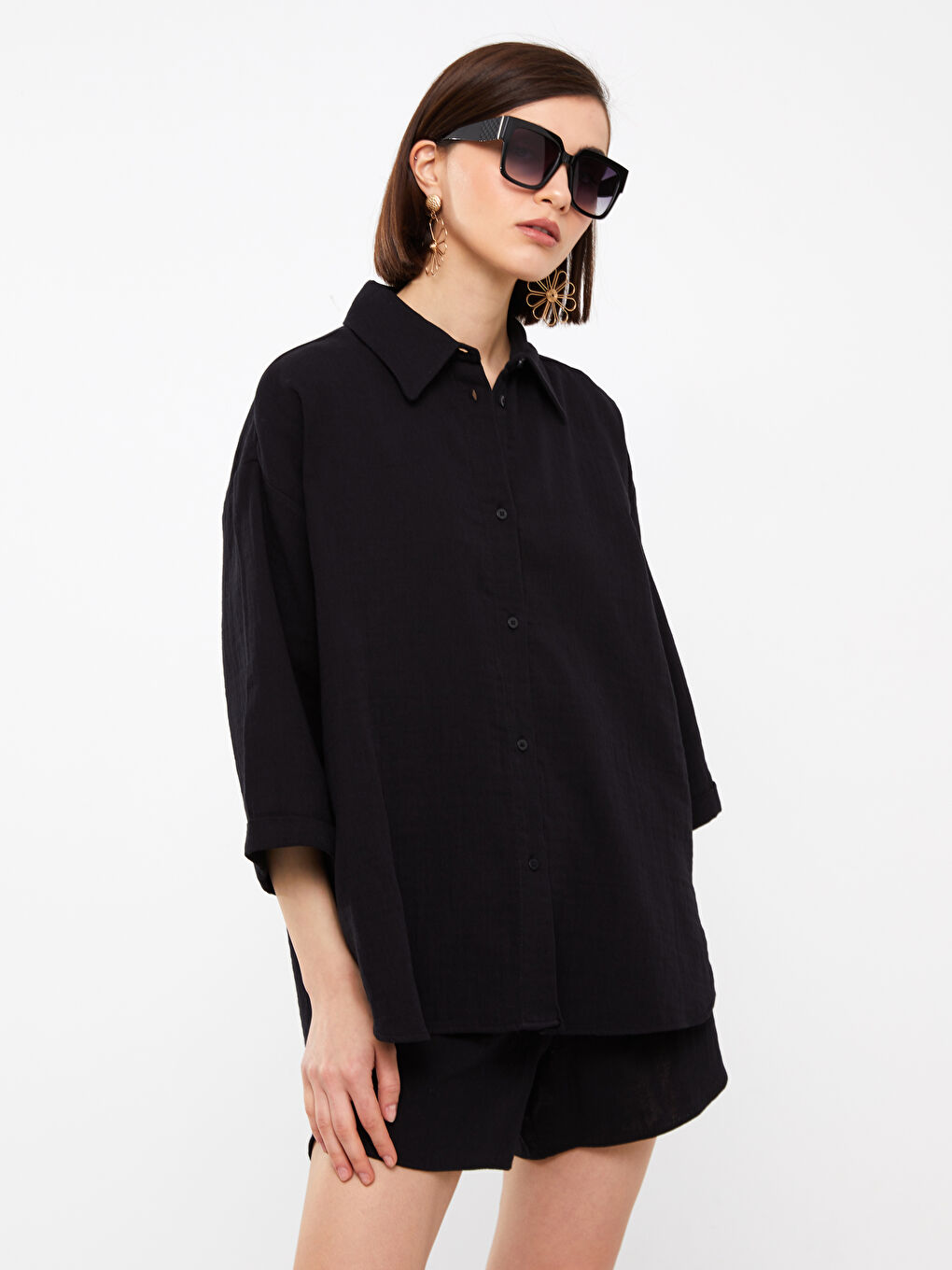 Siyah Düz Oversize Müslin Kadın Gömlek-1
