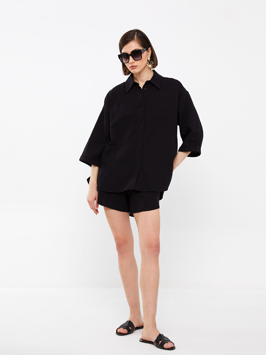 Siyah Düz Oversize Müslin Kadın Gömlek-2