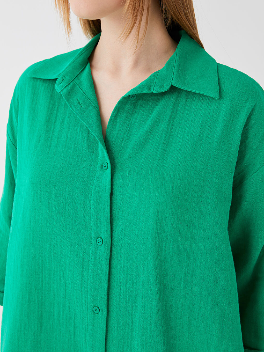 Yeşil Düz Oversize Müslin Kadın Gömlek-5