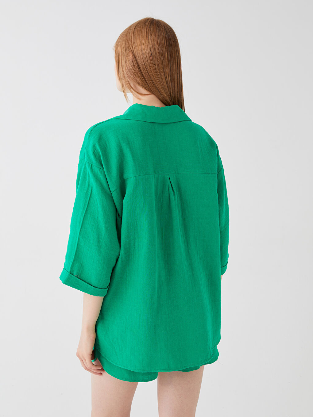 Yeşil Düz Oversize Müslin Kadın Gömlek-6