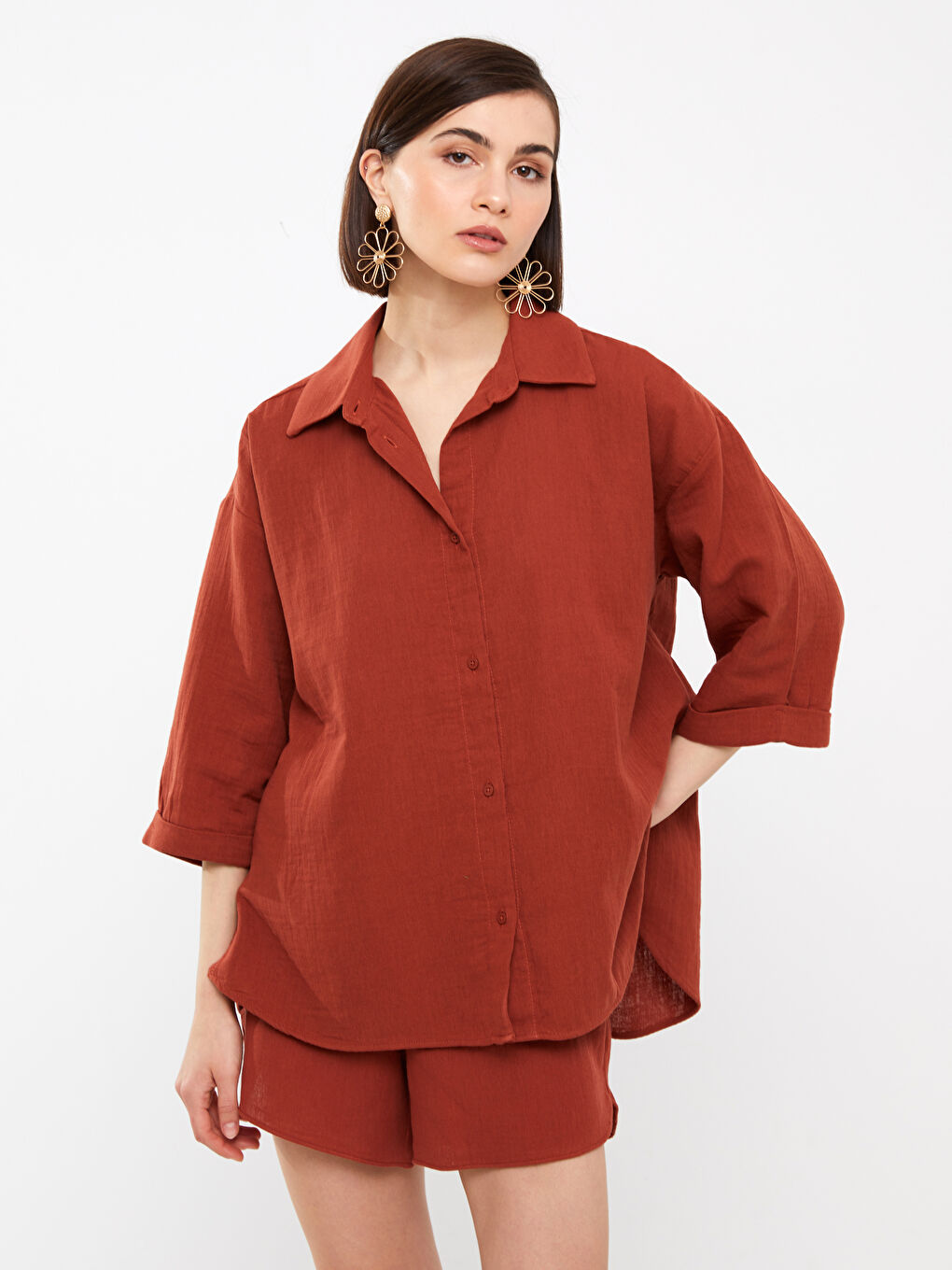 Kahverengi Düz Oversize Müslin Kadın Gömlek