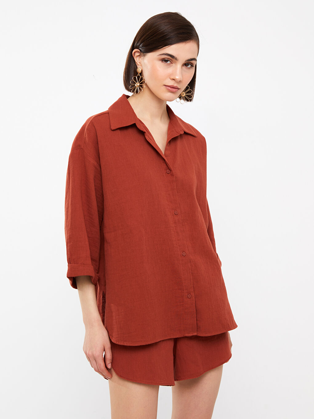 Kahverengi Düz Oversize Müslin Kadın Gömlek-1
