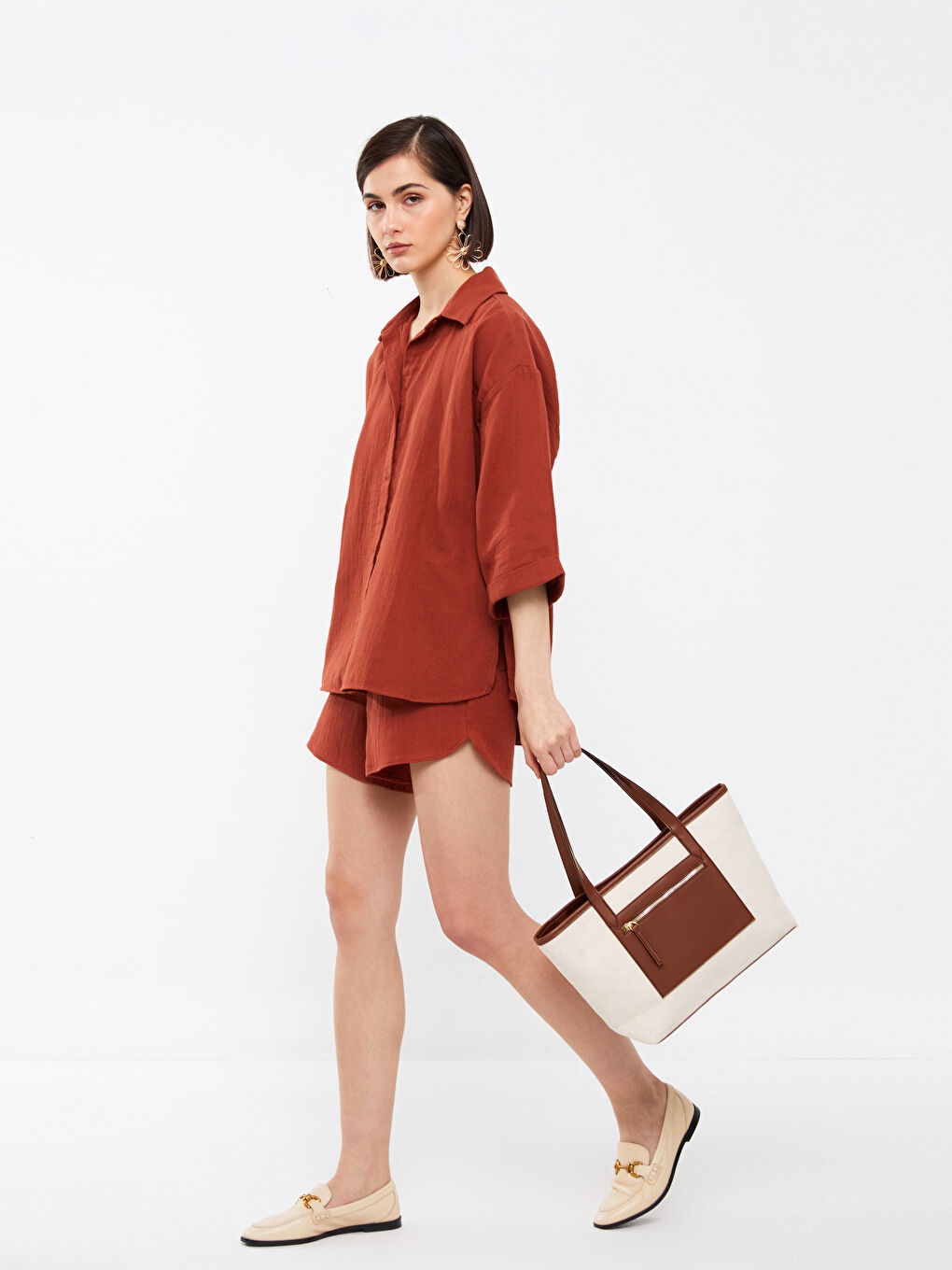Kahverengi Düz Oversize Müslin Kadın Gömlek-2
