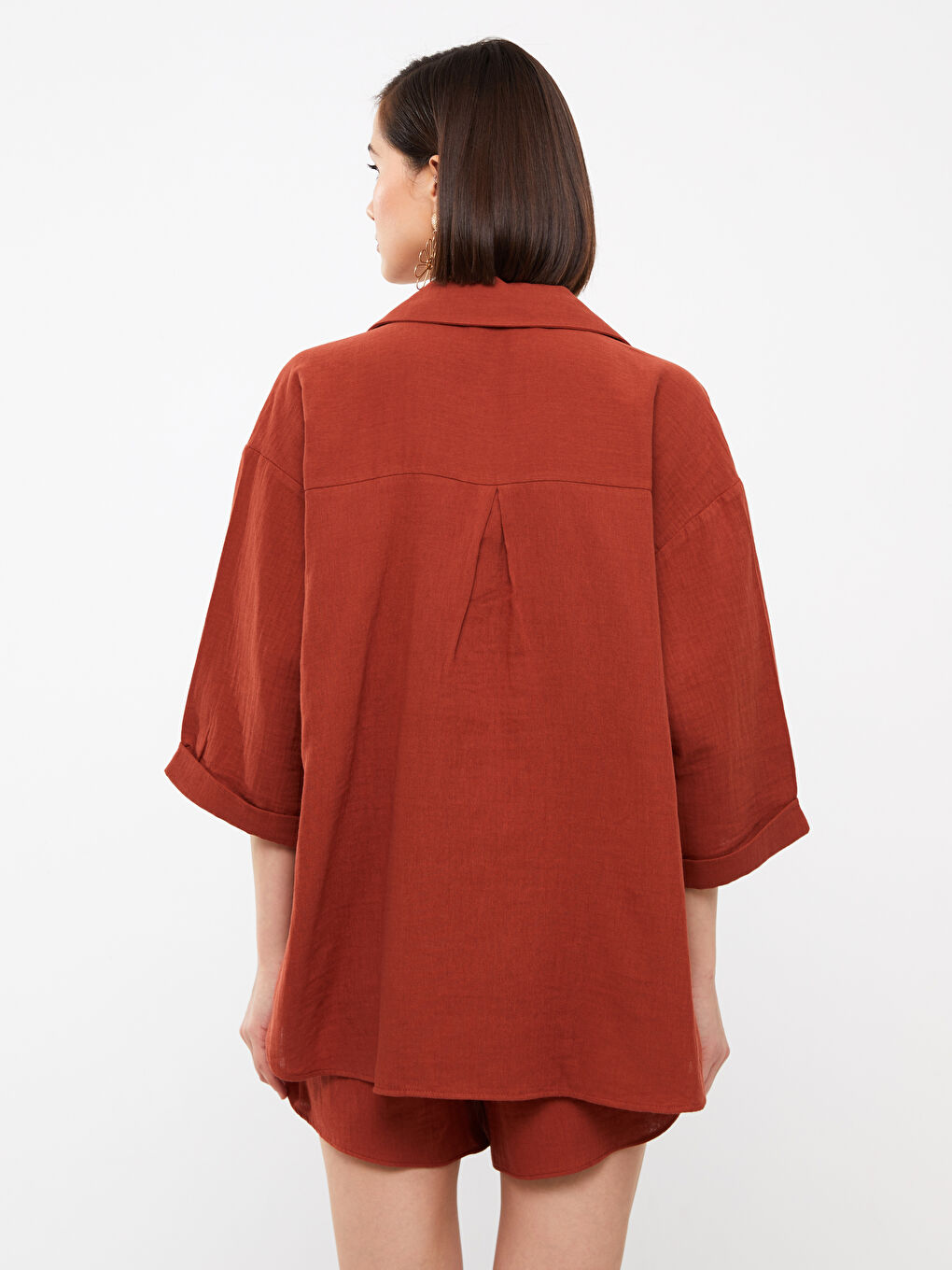 Kahverengi Düz Oversize Müslin Kadın Gömlek-4
