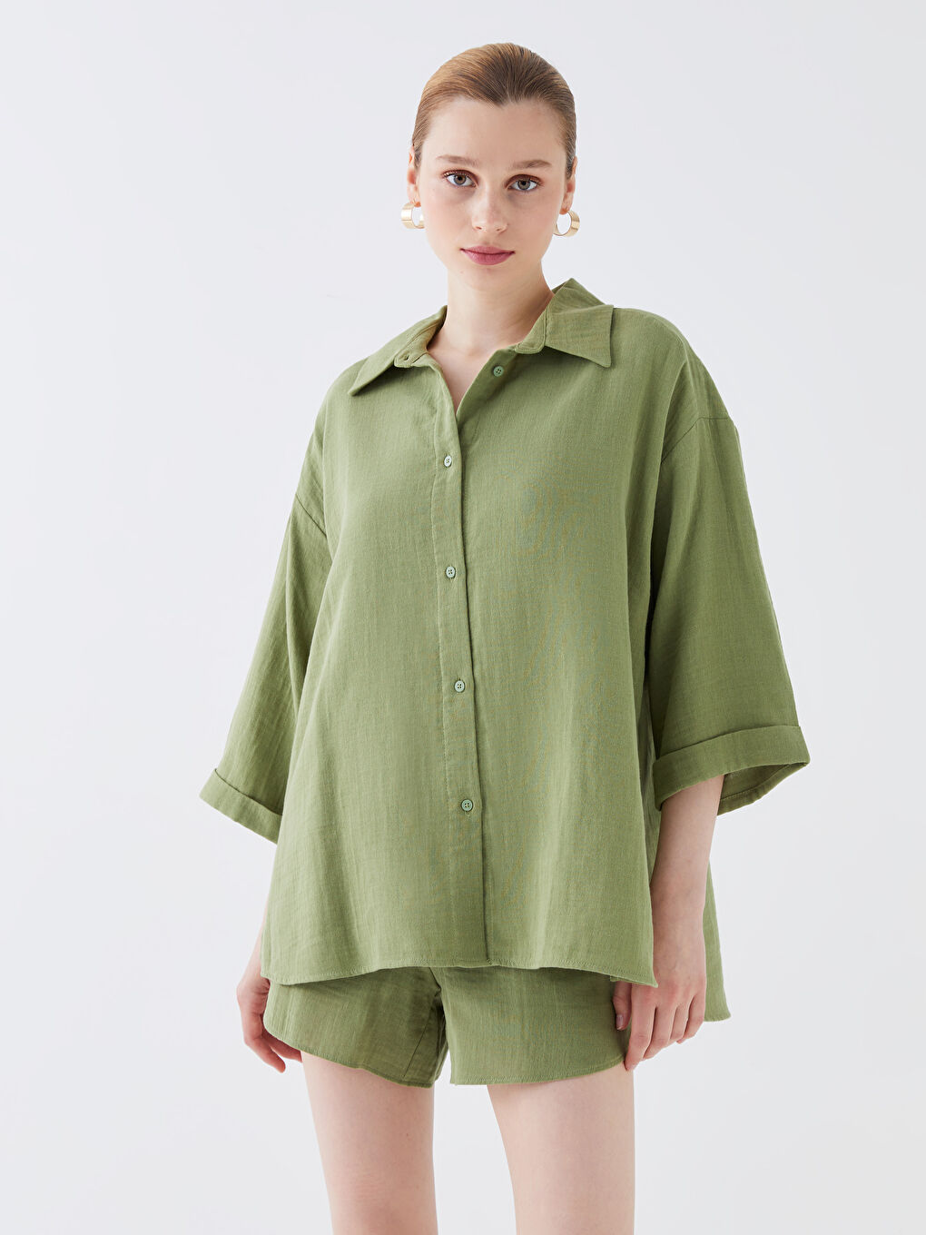 Haki Düz Oversize Müslin Kadın Gömlek