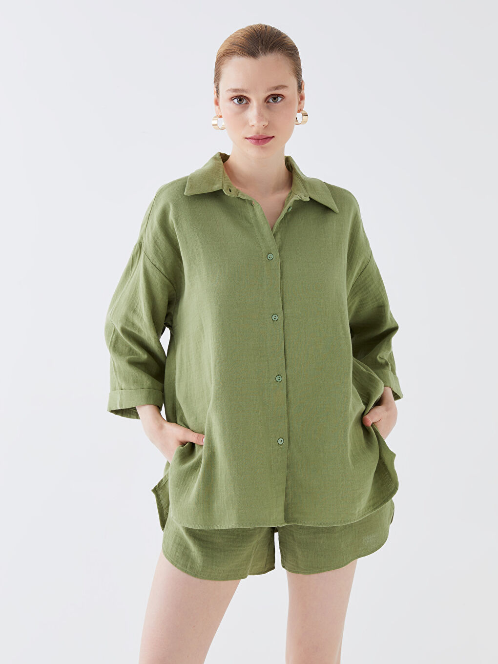 Haki Düz Oversize Müslin Kadın Gömlek-1