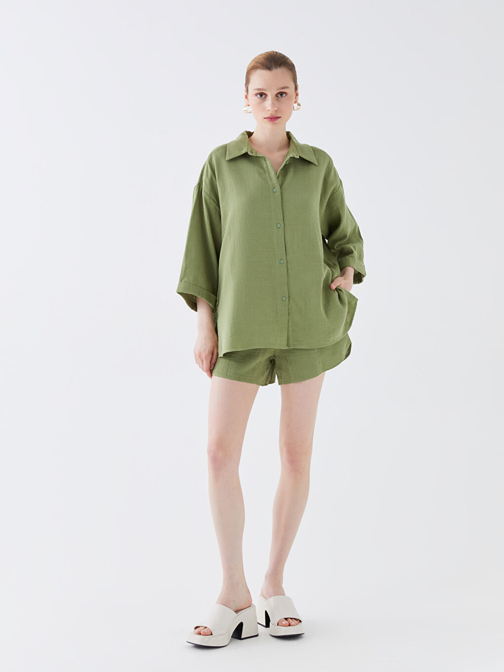 Haki Düz Oversize Müslin Kadın Gömlek-2