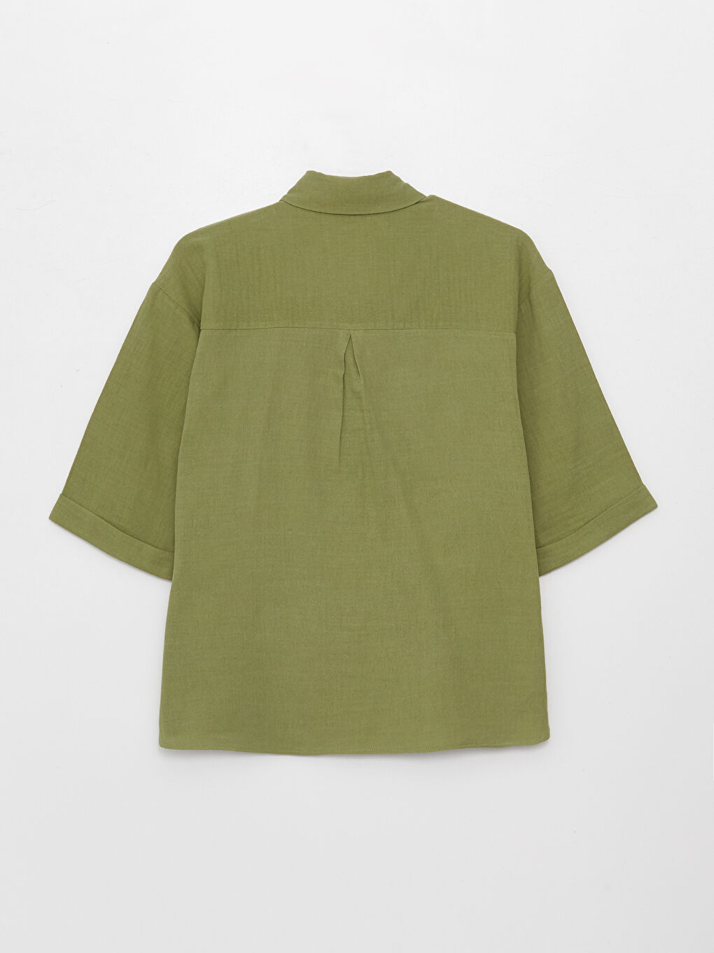 Haki Düz Oversize Müslin Kadın Gömlek-6