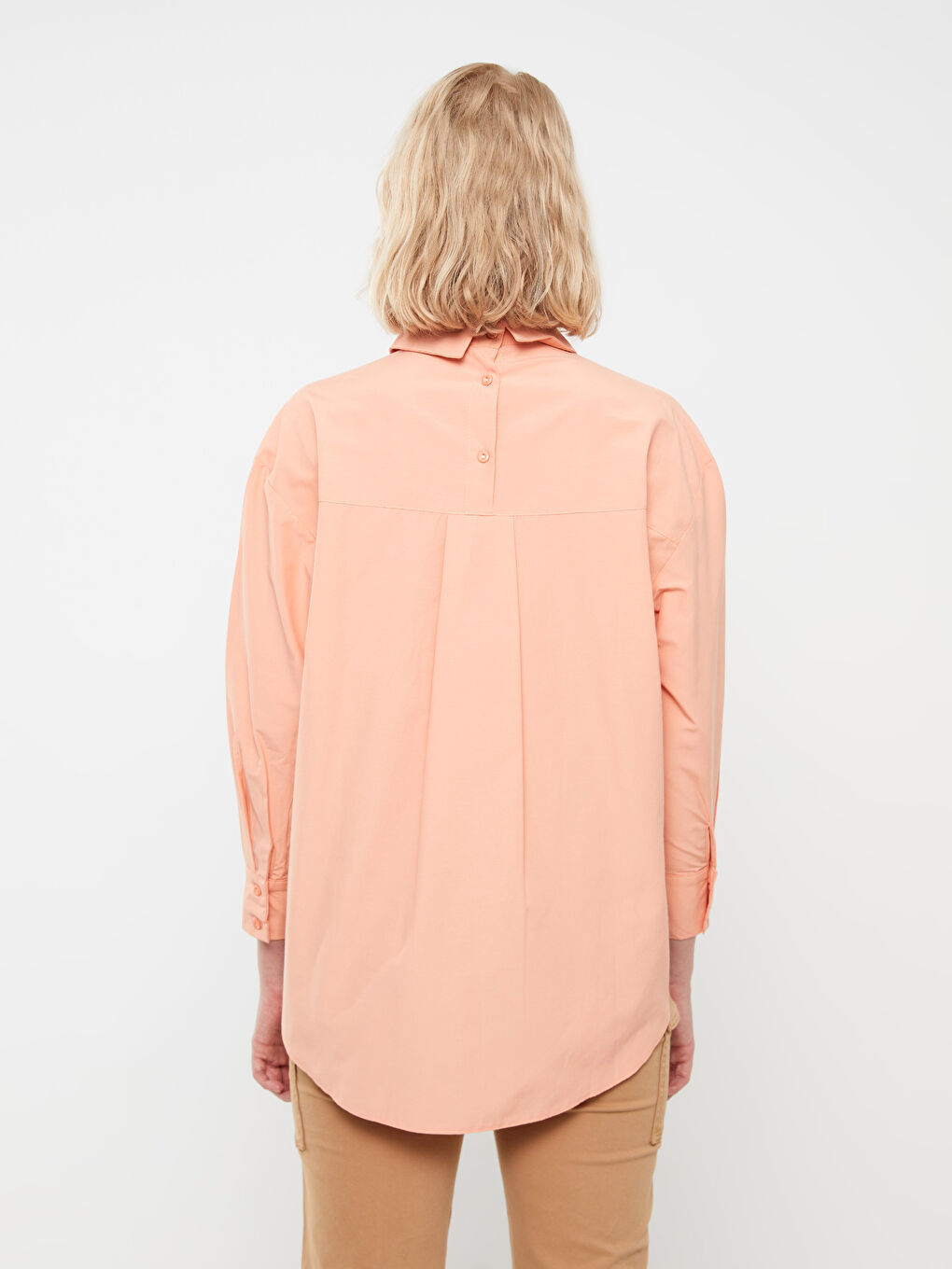Pembe Düz Uzun Kollu Oversize Poplin Kadın Gömlek Tunik-4