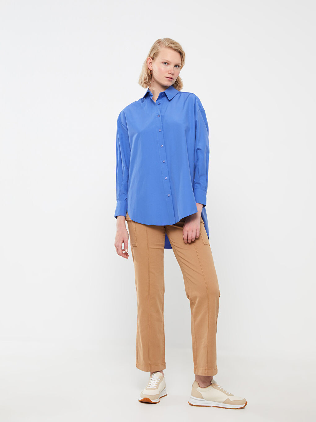 Tunique Chemise Pour Femmes Oversize À Manches Longues En Popeline Uni-2