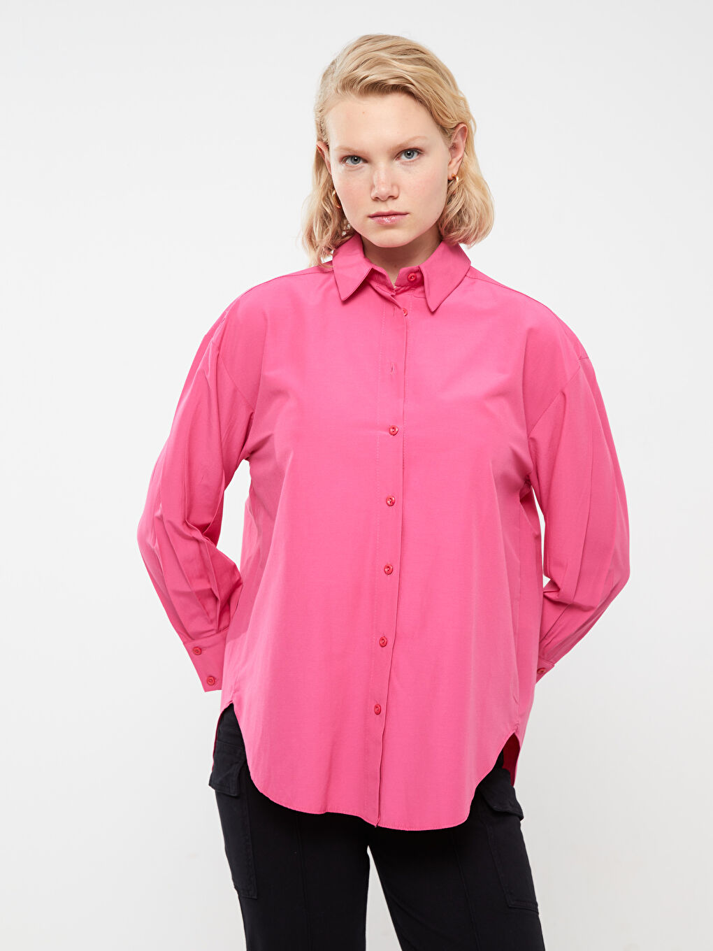 Pembe Düz Uzun Kollu Oversize Poplin Kadın Gömlek Tunik-1