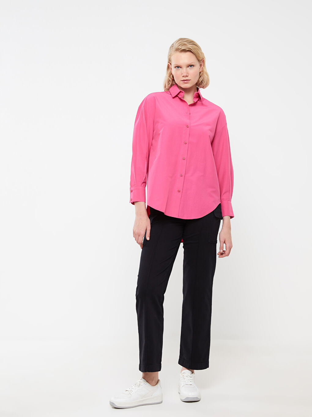 Pembe Düz Uzun Kollu Oversize Poplin Kadın Gömlek Tunik-2