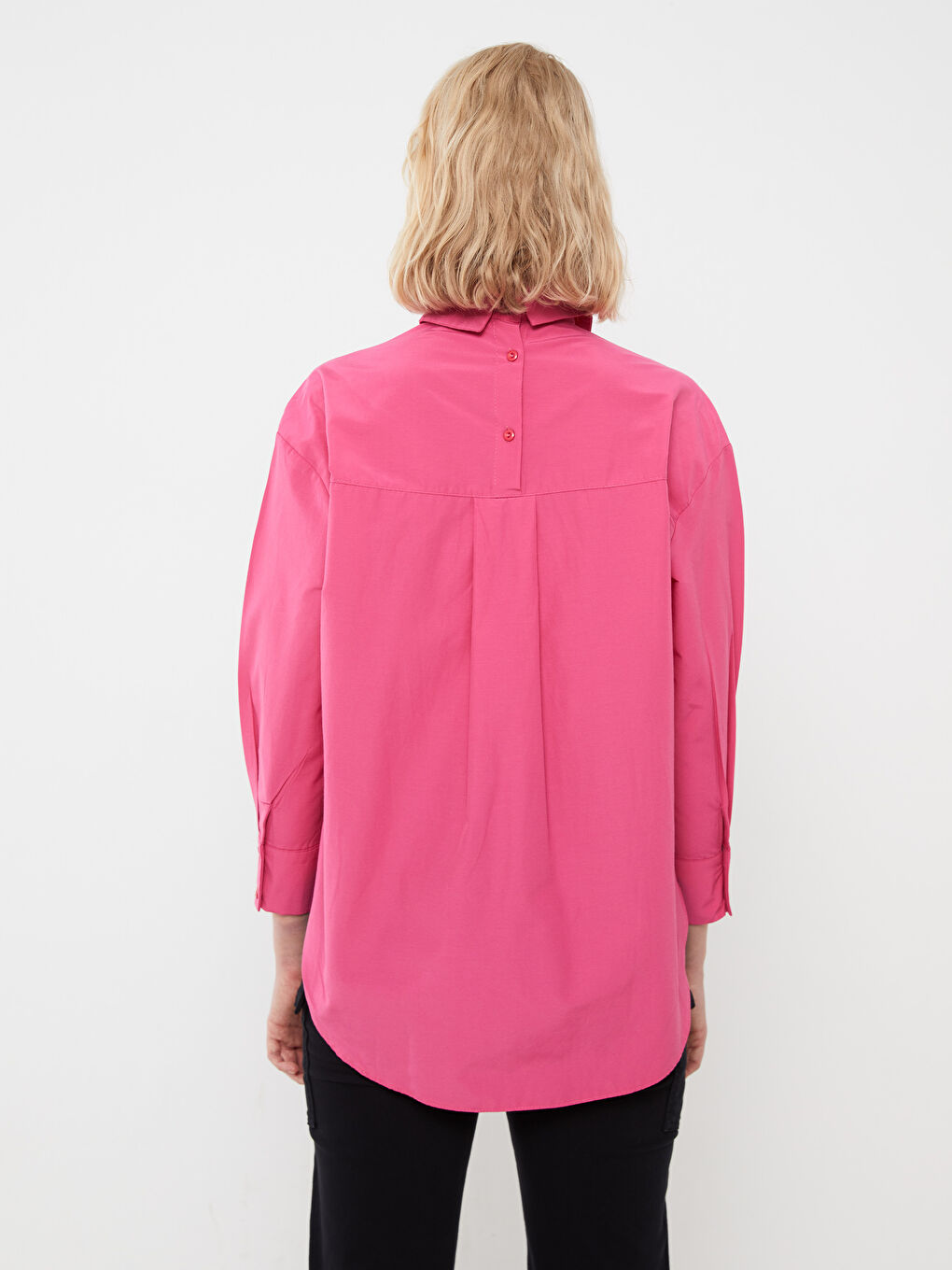Pembe Düz Uzun Kollu Oversize Poplin Kadın Gömlek Tunik-4