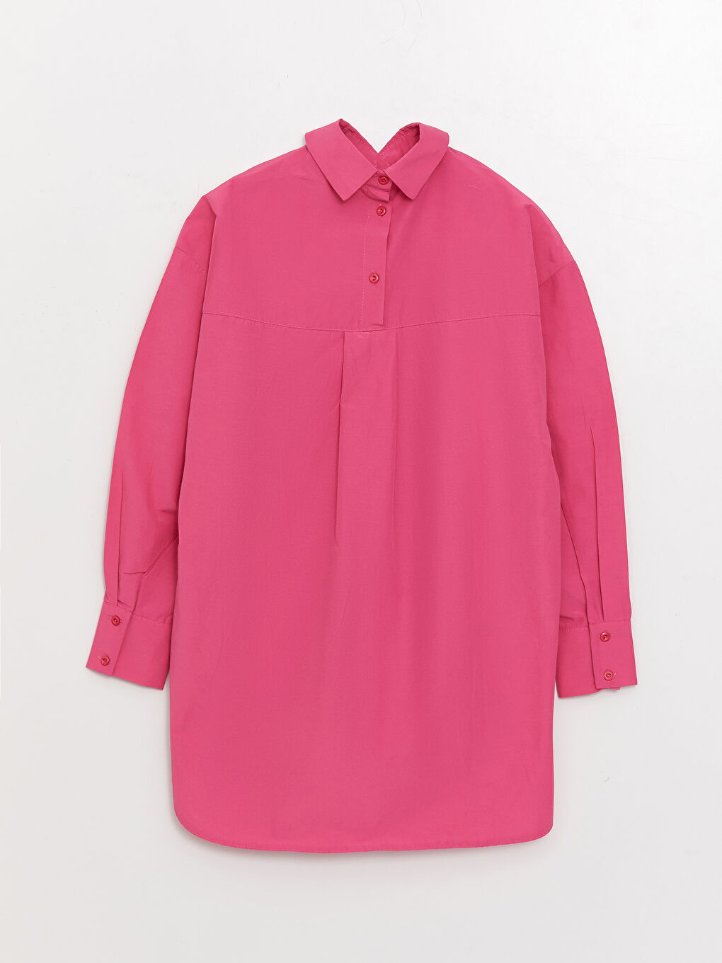 Pembe Düz Uzun Kollu Oversize Poplin Kadın Gömlek Tunik-5