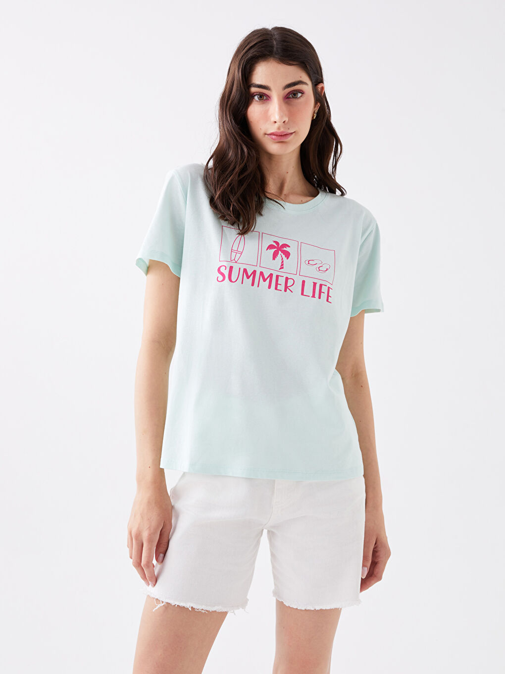 Turkuaz Bisiklet Yaka Baskılı Kısa Kollu Kadın Tişört