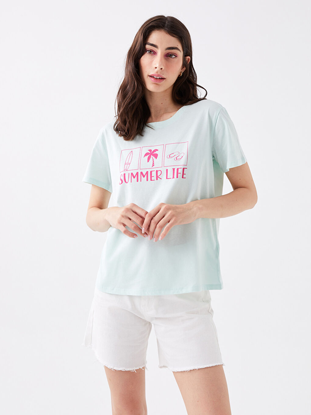 Turkuaz Bisiklet Yaka Baskılı Kısa Kollu Kadın Tişört-1