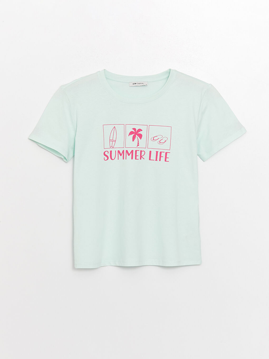 Turkuaz Bisiklet Yaka Baskılı Kısa Kollu Kadın Tişört-5