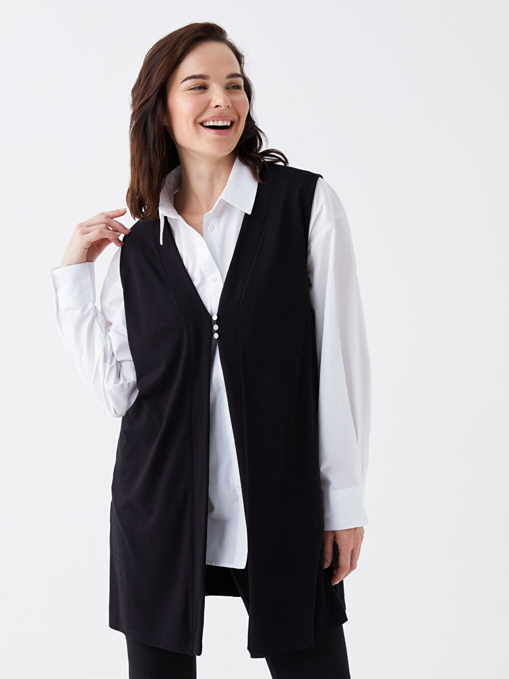 Siyah V Yaka Düz İnterlok Kadın Yelek