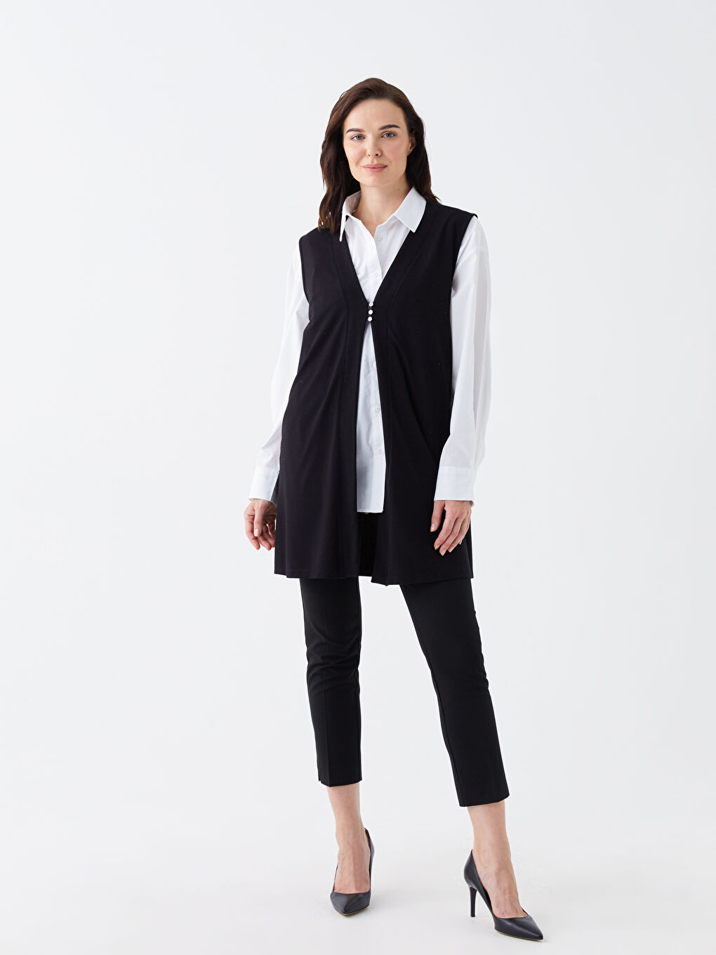 Siyah V Yaka Düz İnterlok Kadın Yelek-1