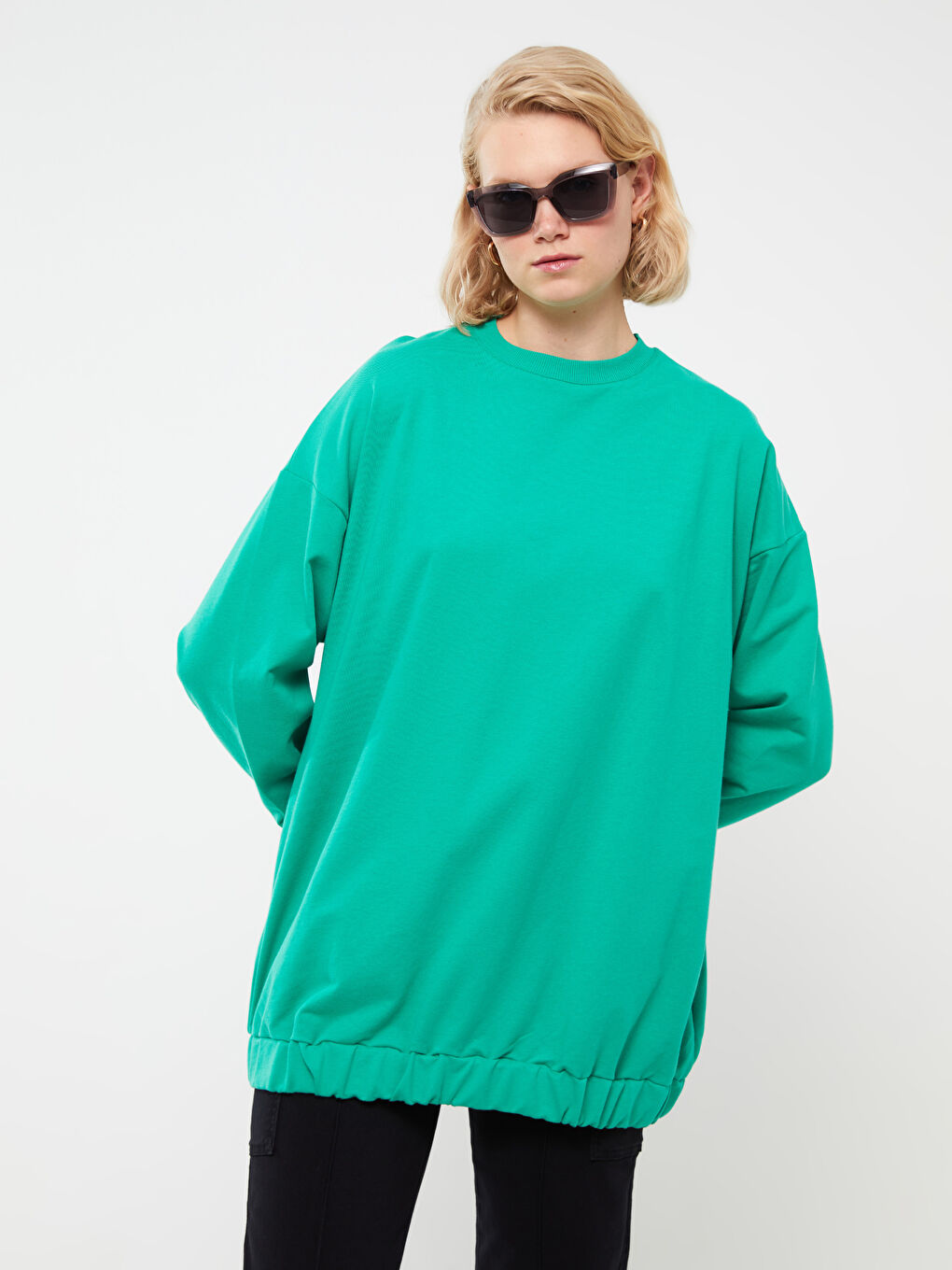 Crew Neck Plain Long Sleeve Oversize Women's Tunic-1
