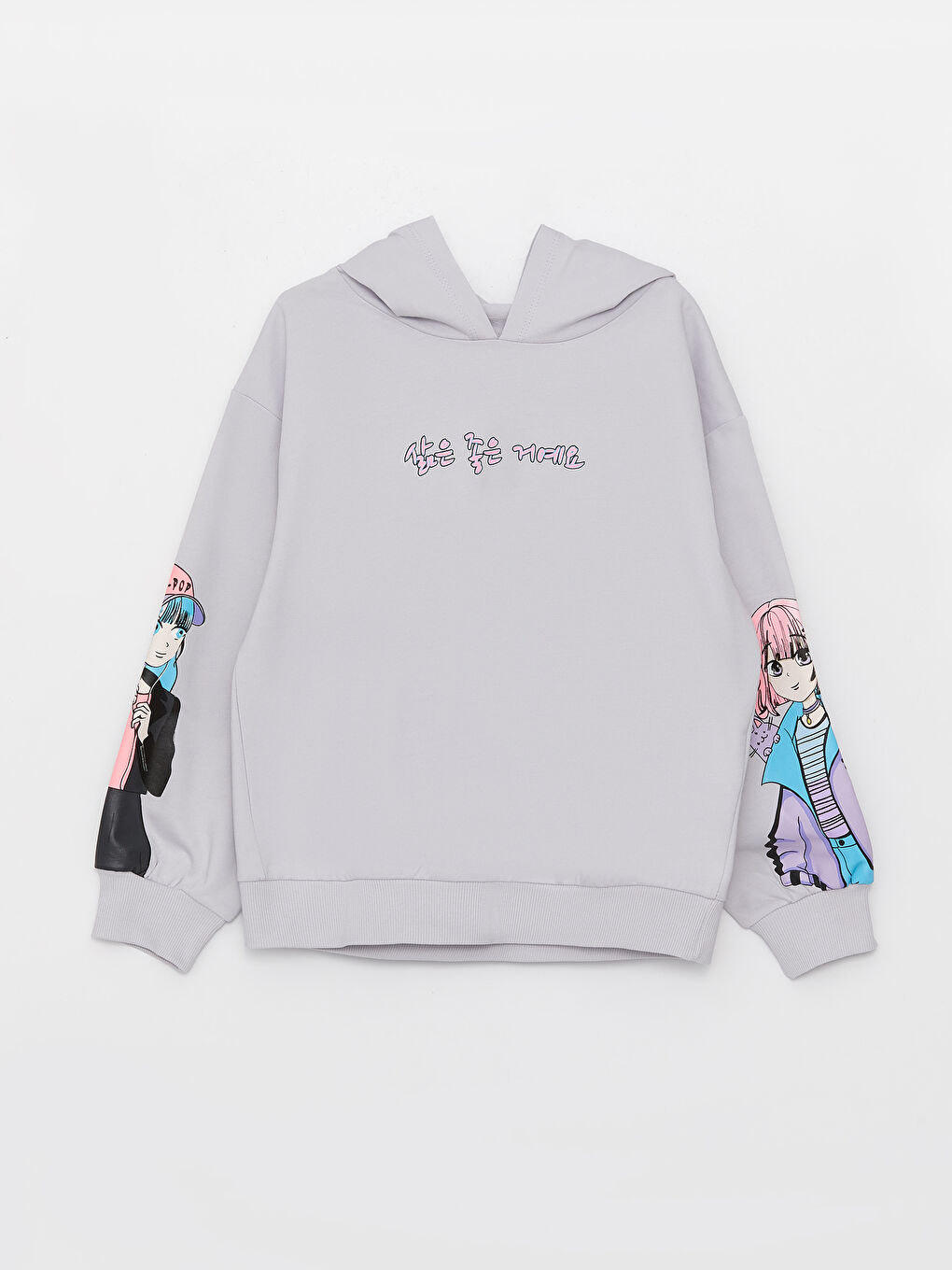 Gri Kapüşonlu Baskılı Uzun Kollu Kız Çocuk Sweatshirt